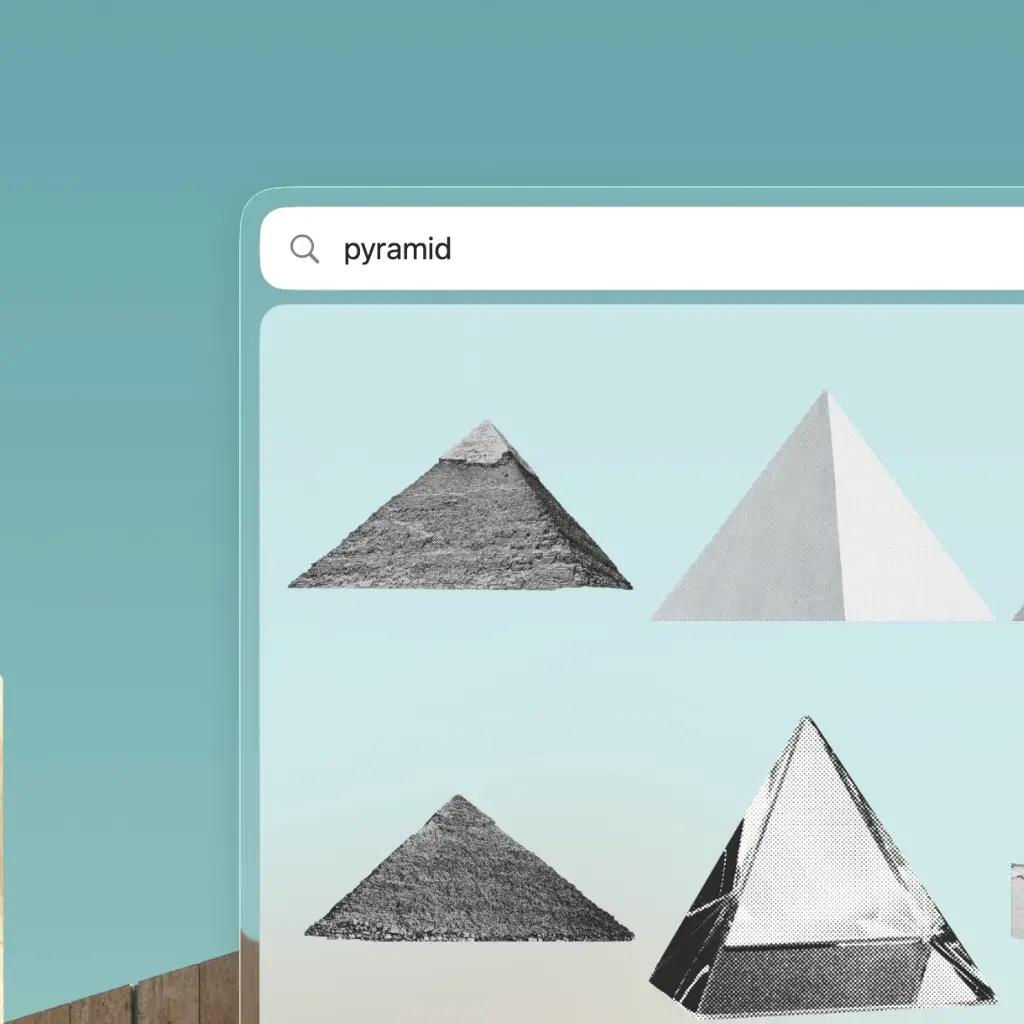 Sharkfin searchbar showing results for 'pyramid' on a light cyan background